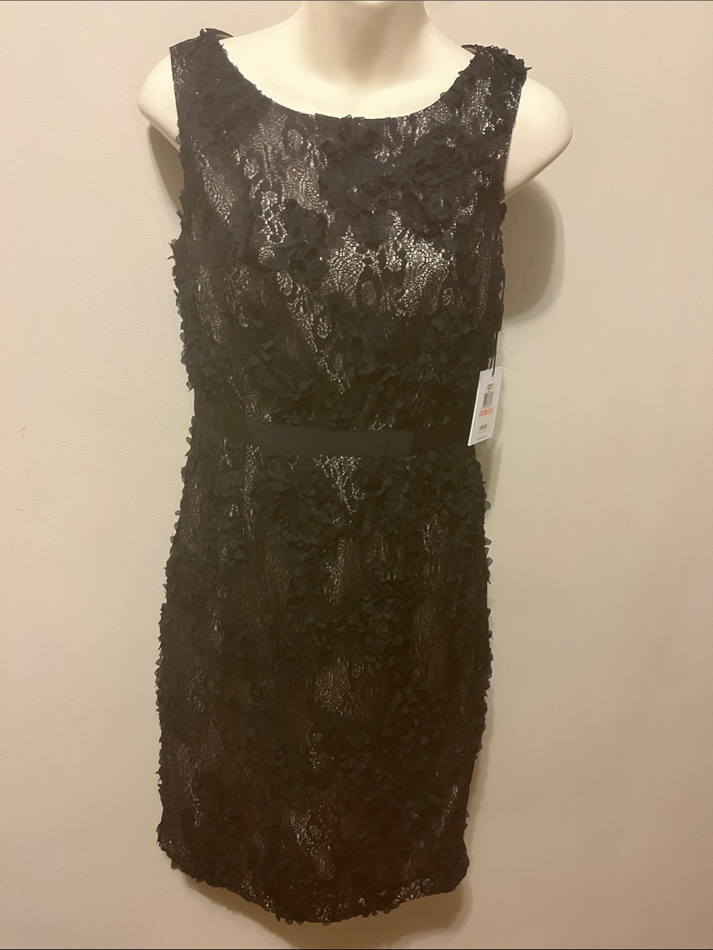 Calvin Klein Black Lace Tan Undertone Floral Appliqué Midi Dress